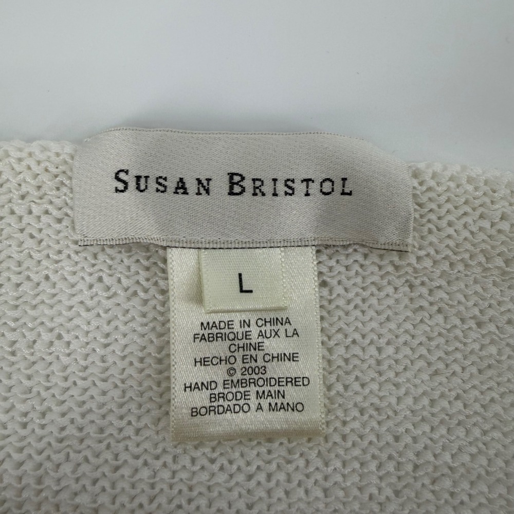 Susan Bristol Cotton Blend Floral Embroidered Beaded Cardigan Sweater Cream L - Picture 3 of 9